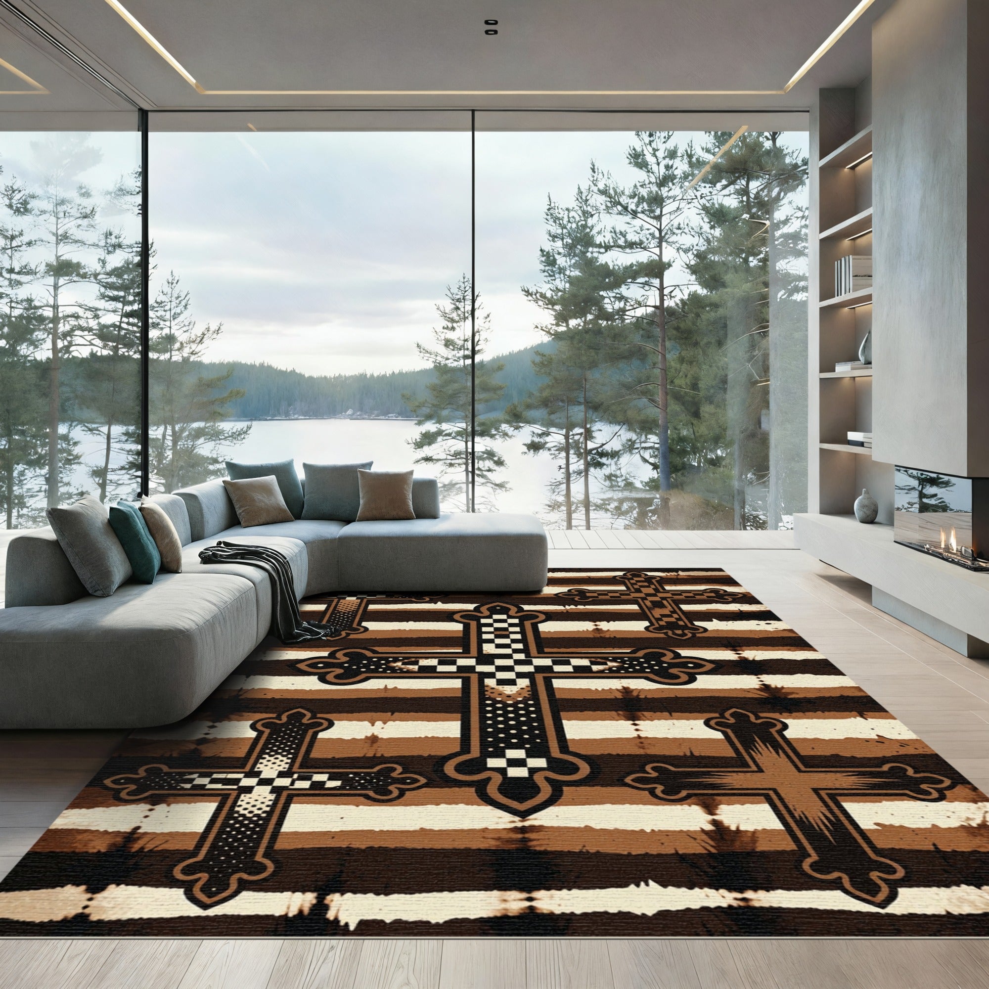 Earthy Brown Striped Gothic Cross Rug