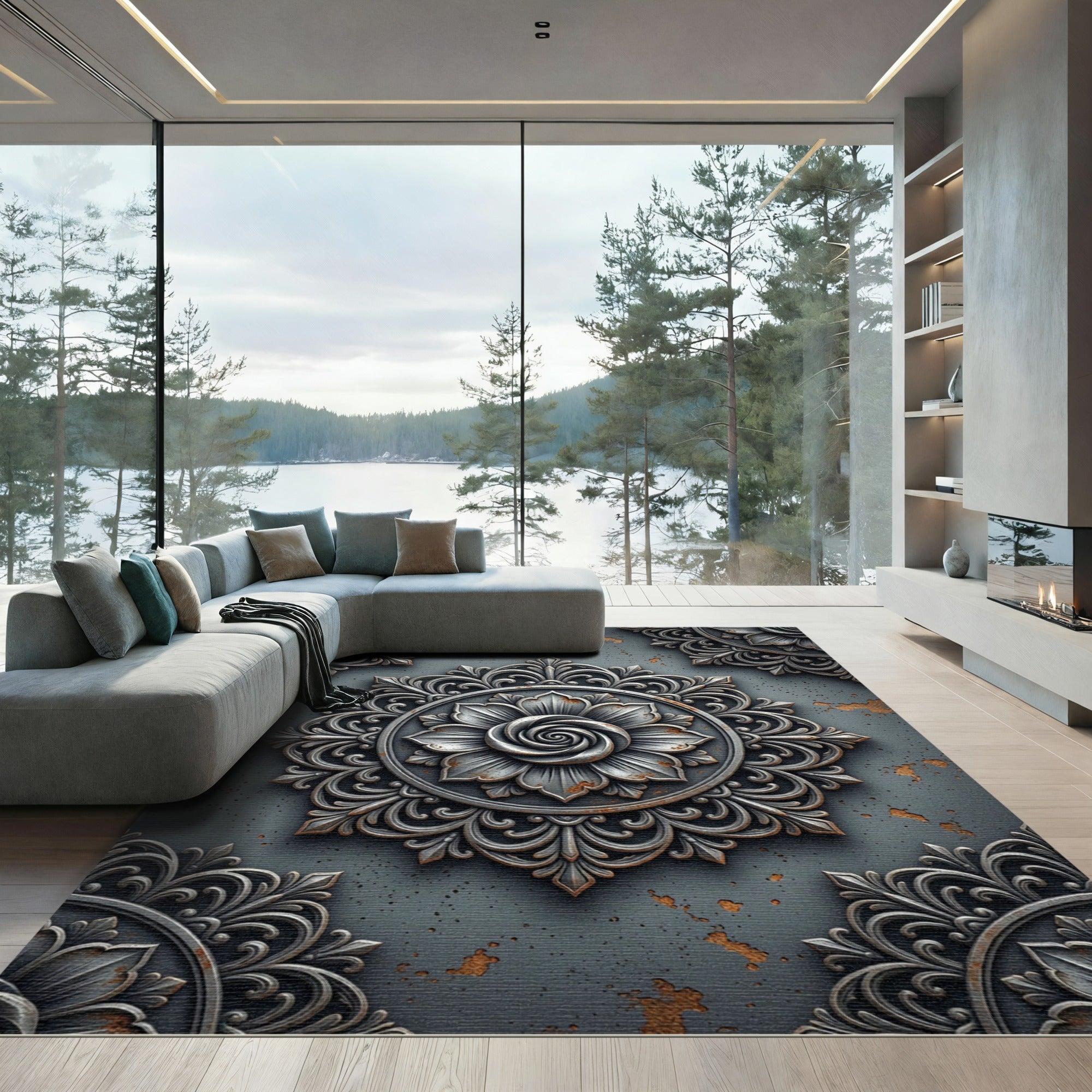 Vintage Gray Floral Medallion Rug