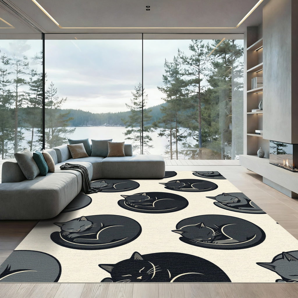 Minimalist Sleeping Black Cat Crescent Rug