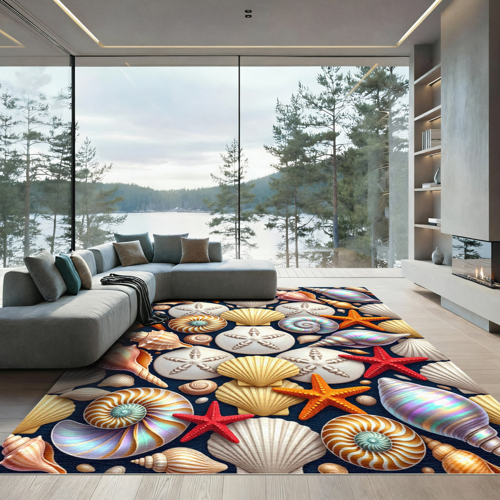 Vibrant Oceanic Seashells and Starfish Rug