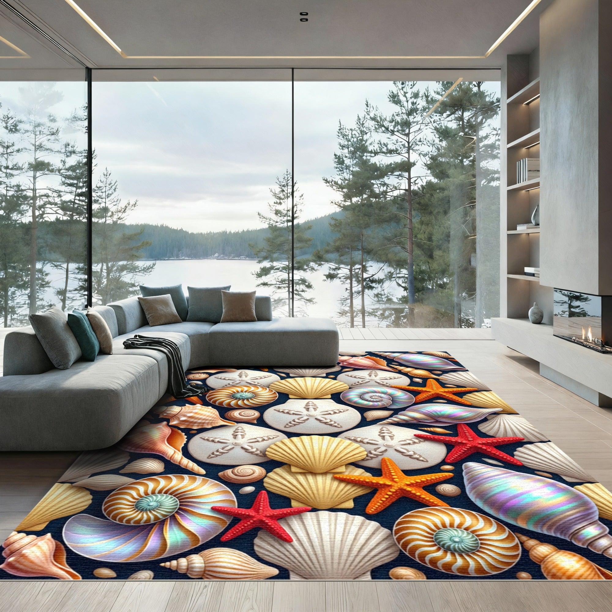 Vibrant Oceanic Seashells and Starfish Rug