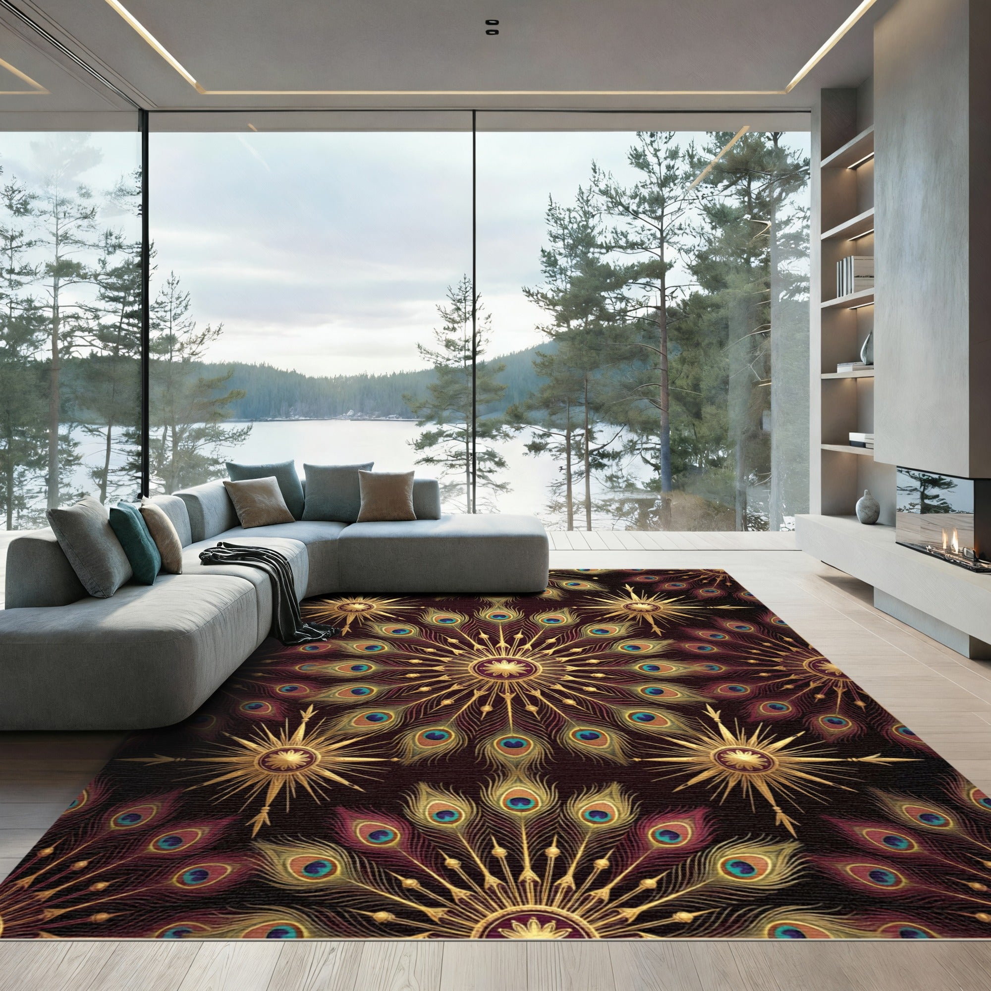 Golden Peacock Feather Mandala Medallion Rug