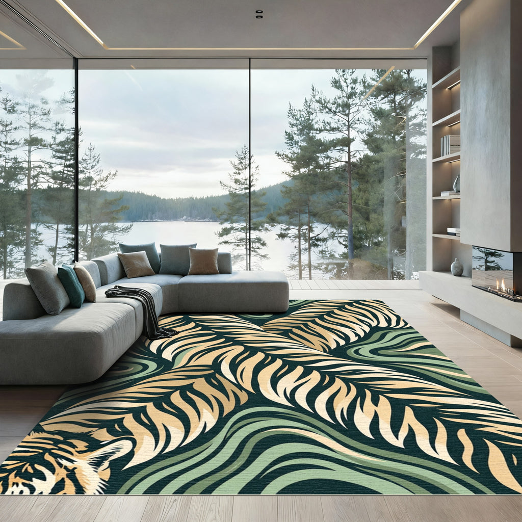 Golden Tiger Stripe Swirl Abstract Rug