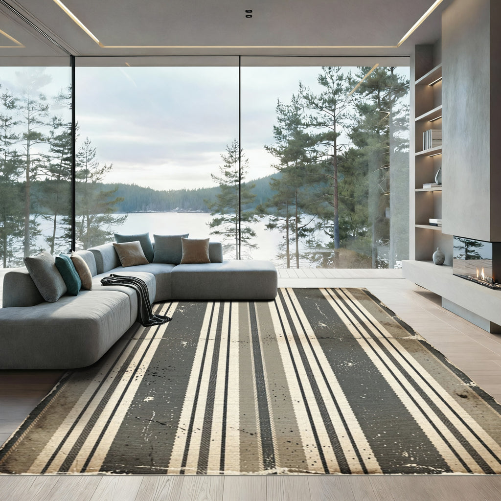 Distressed Gray Cream Vertical Stripes Rug