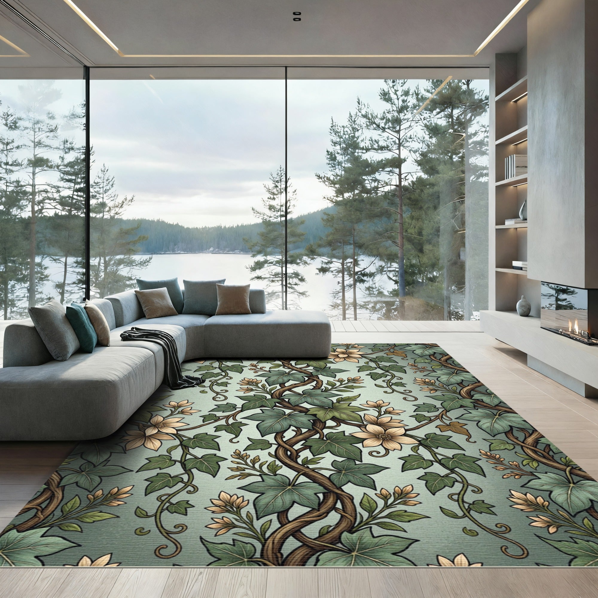 Sage Green Ivy and Blossom Vine Rug