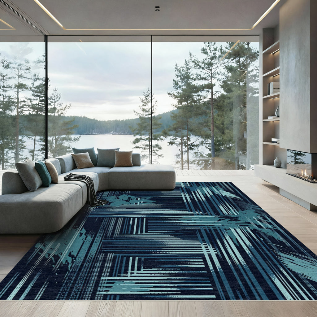 Abstract Teal Geometric Linear Grid Rug