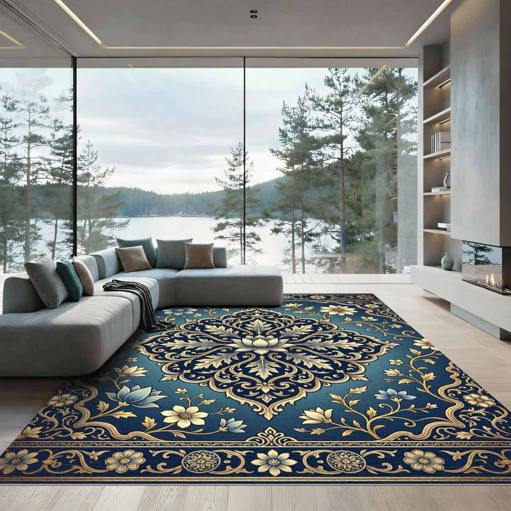Ornate Teal Floral Inlay Rug