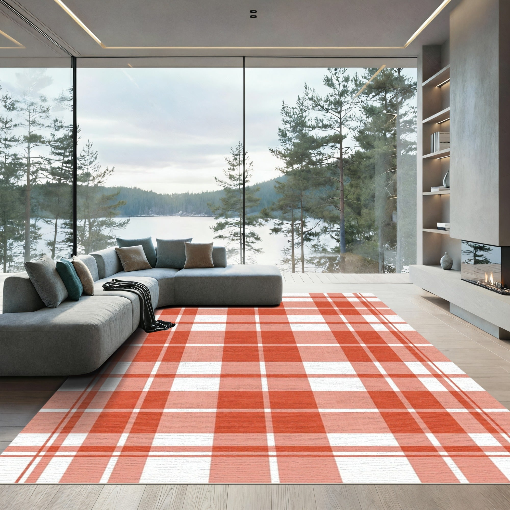 Classic Terracotta and White Plaid Tartan Rug