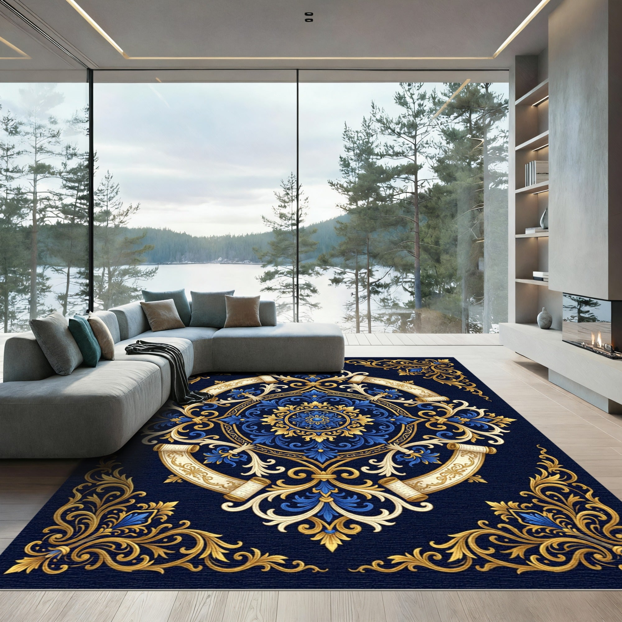Royal Navy Blue Golden Baroque Scroll Rug