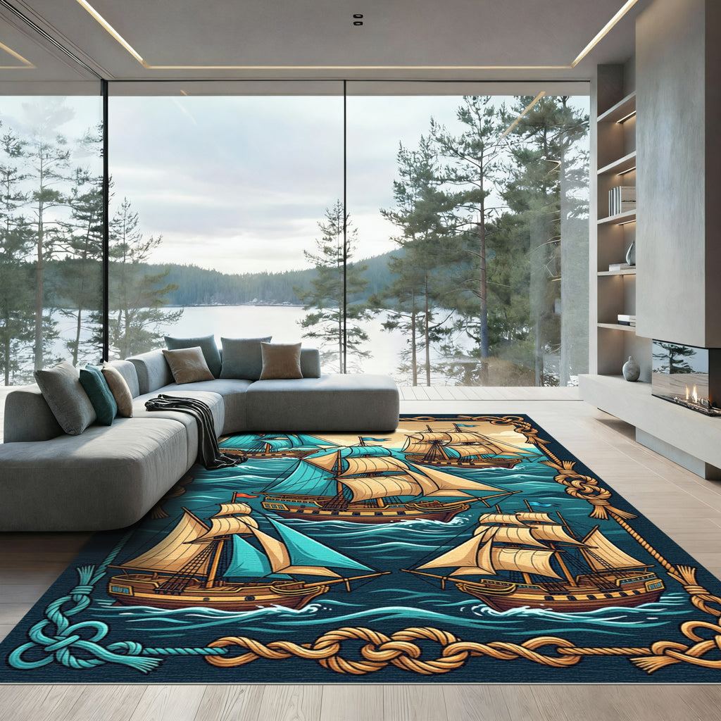 Nautical Tall Ship Rope Frame Rug