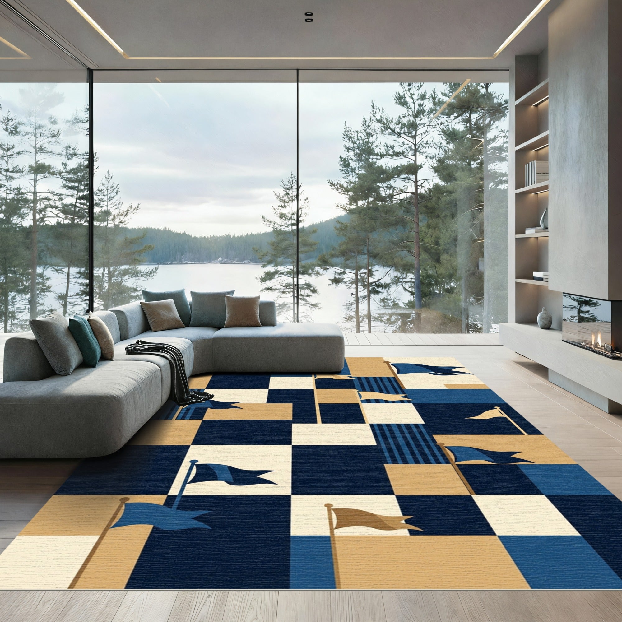 Modern Navy and Gold Geometric Flag Area Rug