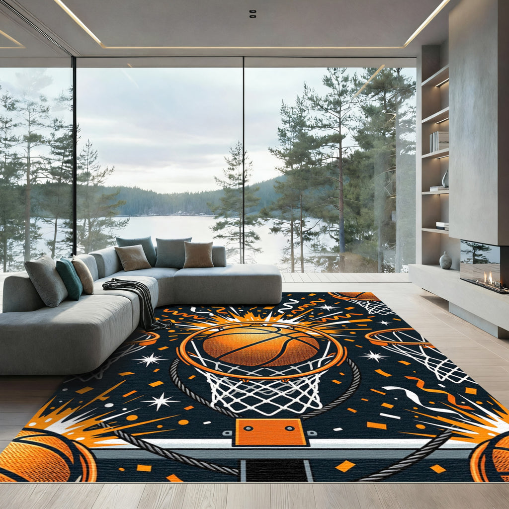 Vibrant Basketball Hoop Burst Celebration Rug