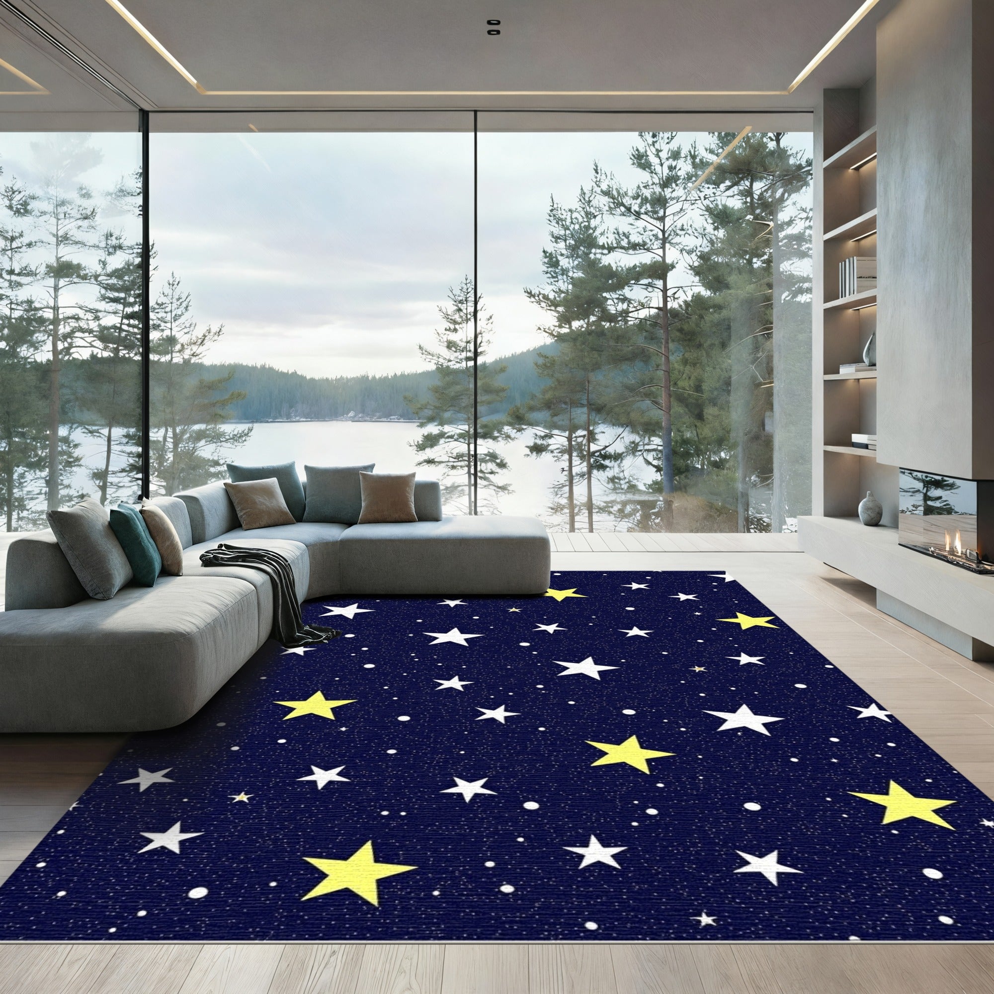 Navy Blue Starry Night Sky Rug
