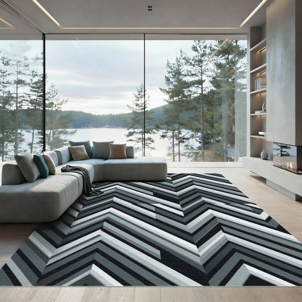 Monochrome Chevron Geometric Angular Art Rug