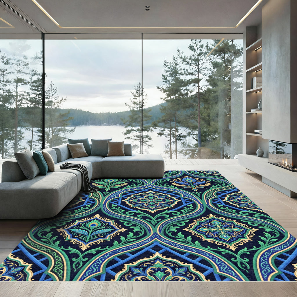 Emerald Peacock Damask Ornate Medallion Rug
