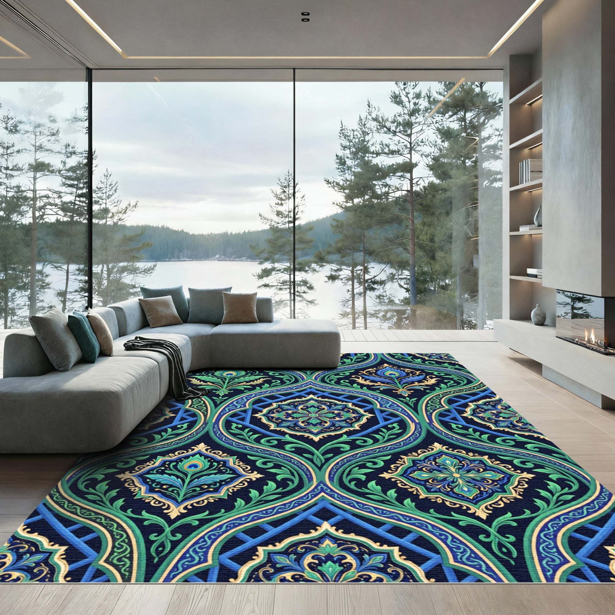 Emerald Peacock Damask Ornate Medallion Rug