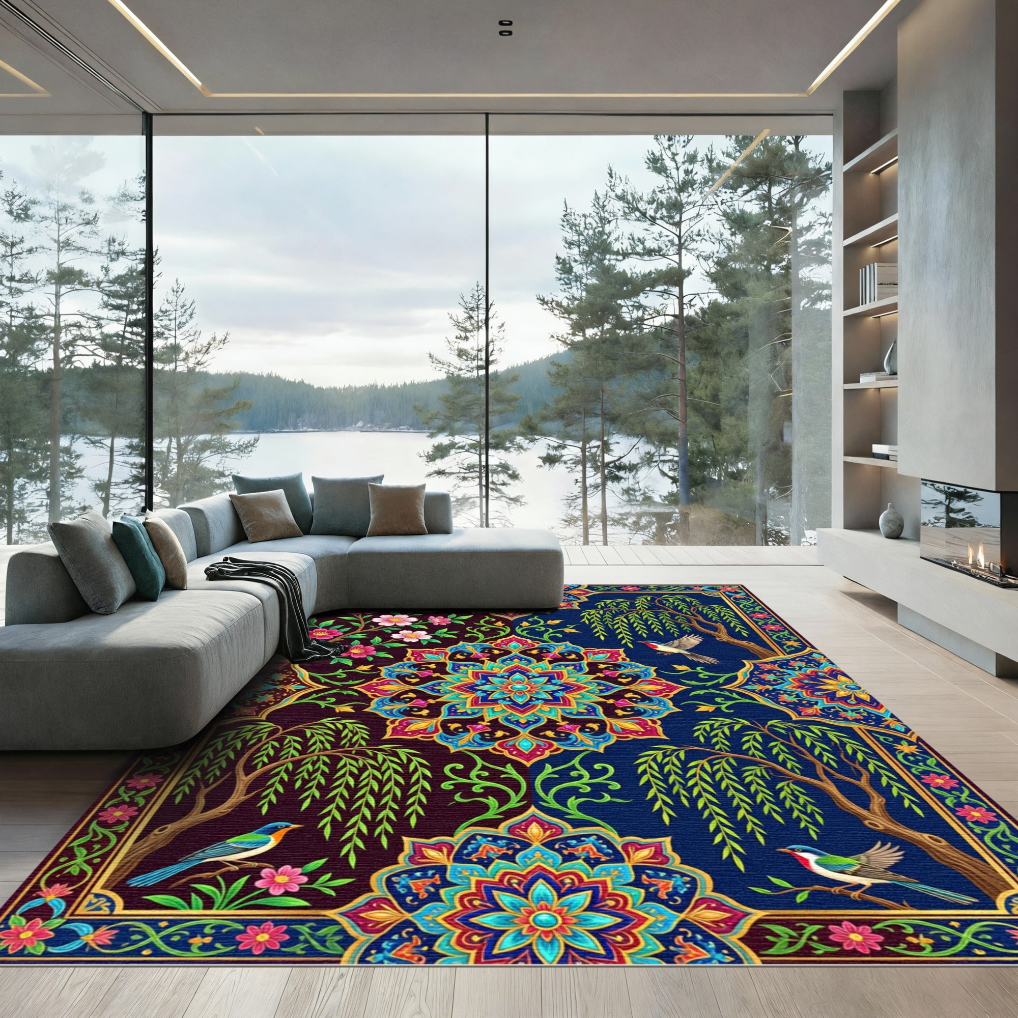 Colorful Floral Medallion Garden Birds Rug