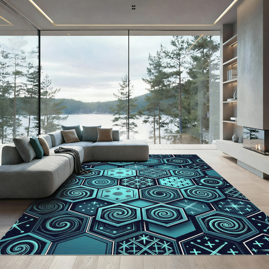 Teal Hexagonal Geometric Swirl Medallion Rug
