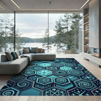 Teal Hexagonal Geometric Swirl Medallion Rug