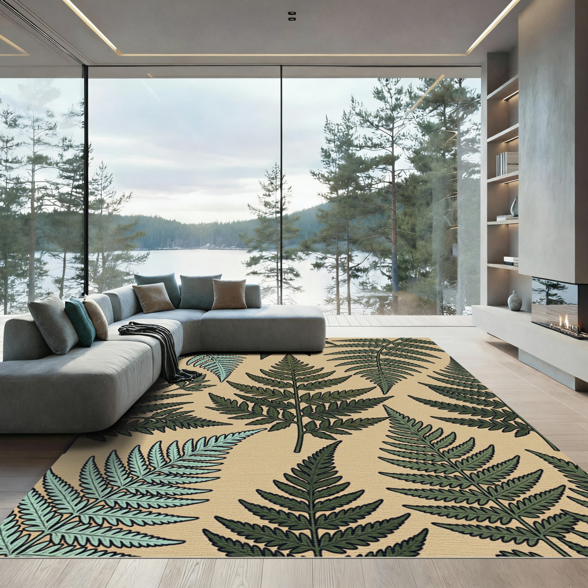 Green Fern Foliage Pattern Rustic Rug