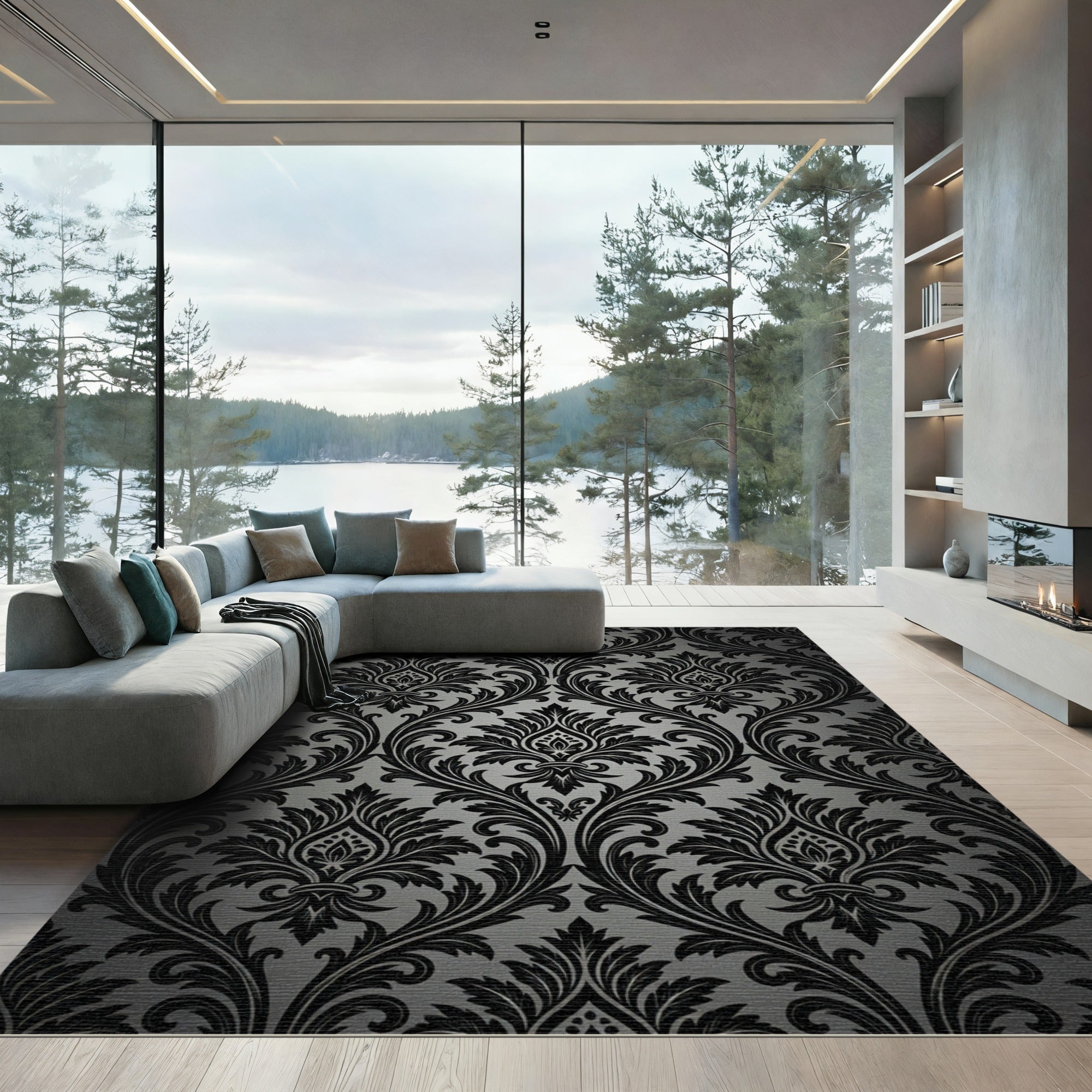 Elegant Black Damask Scroll Work Rug