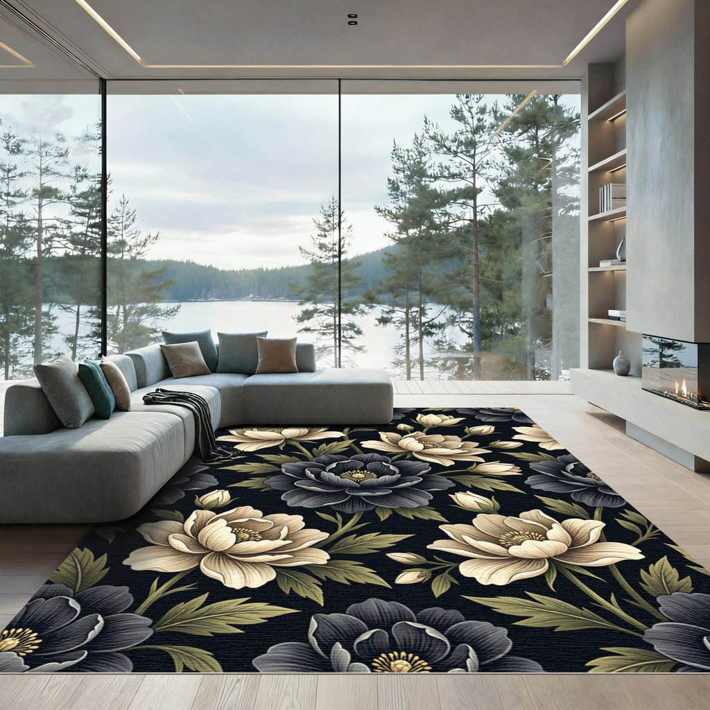 Cream Black Floral Garden Bloom Rug