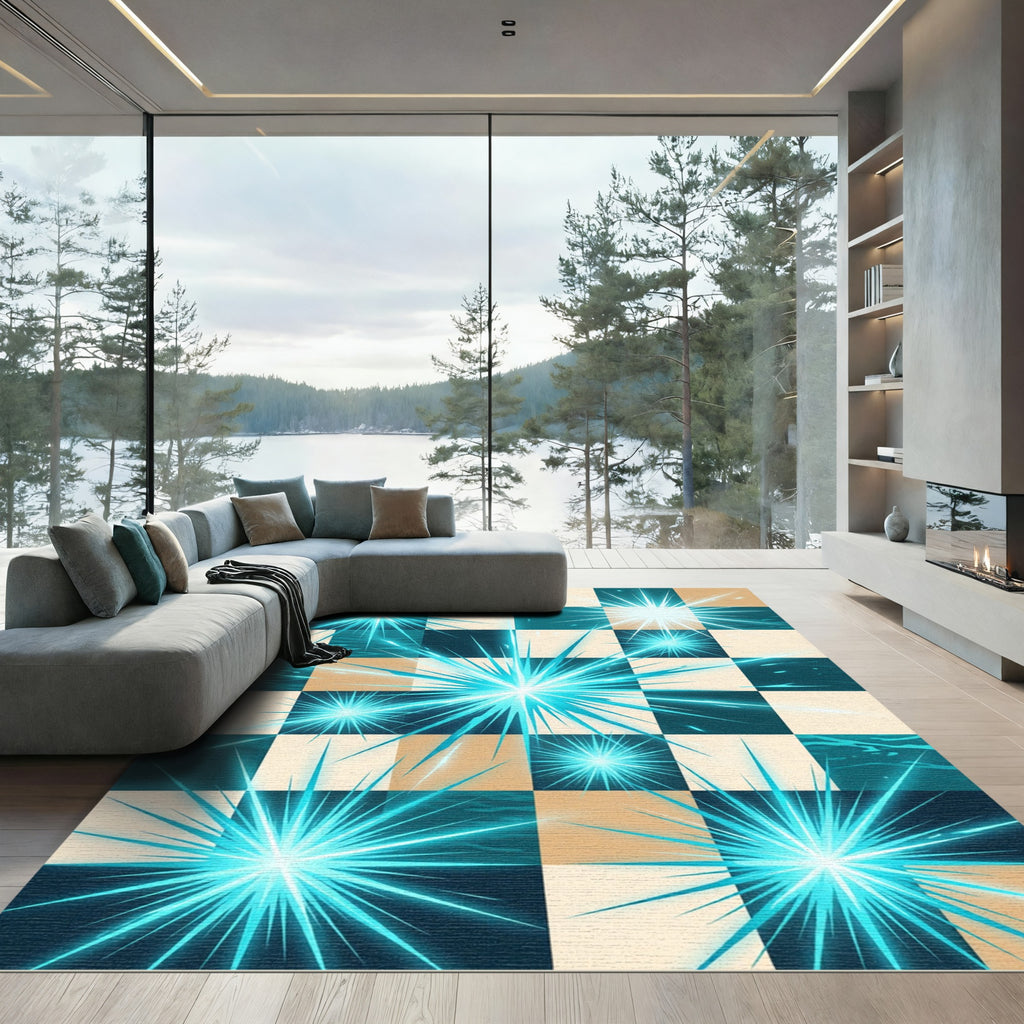 Cyan Starbursts Grid Composition Rug