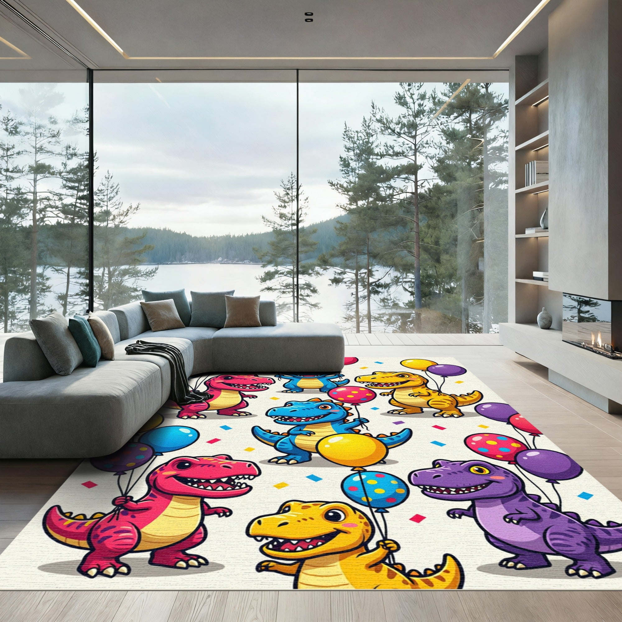 Colorful Cartoon Dinosaur Celebration Party Rug