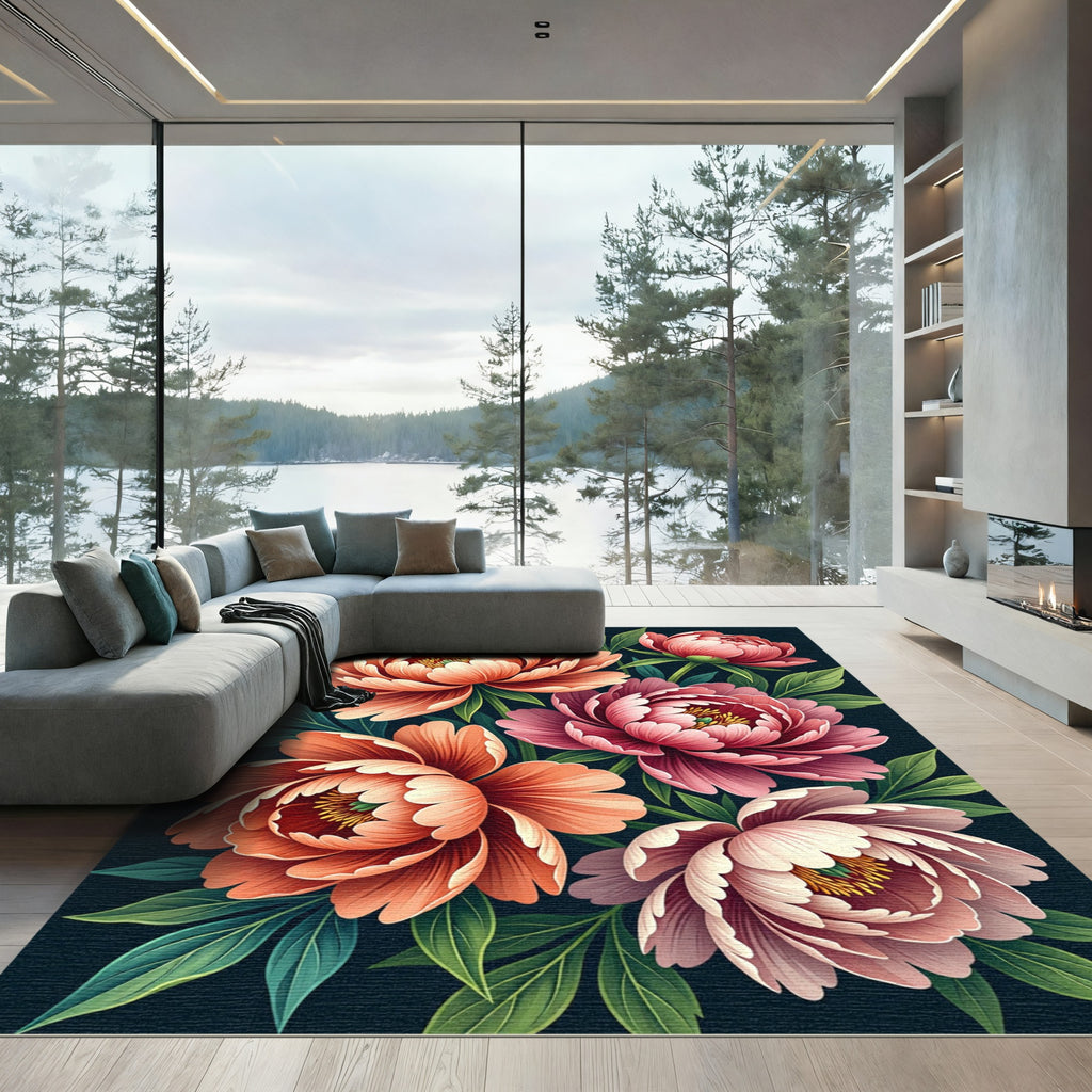 Coral Pink Peonies Verdant Foliage Rug