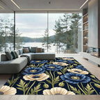 Blue and Cream Botanical Poppy Garden Rug