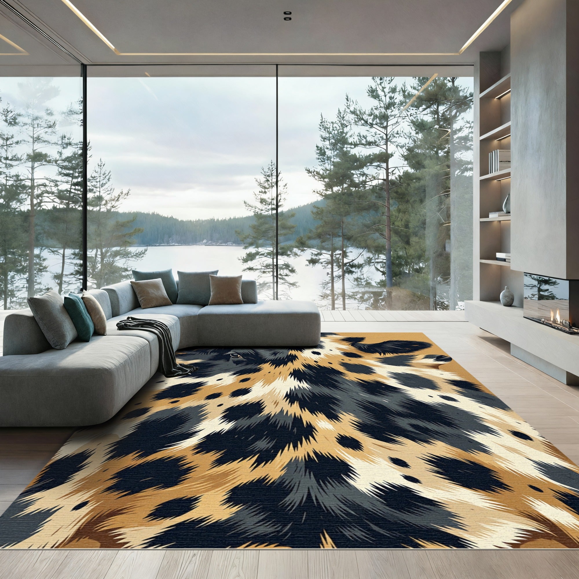 Black Tan Animal Print Cow Hide Rug