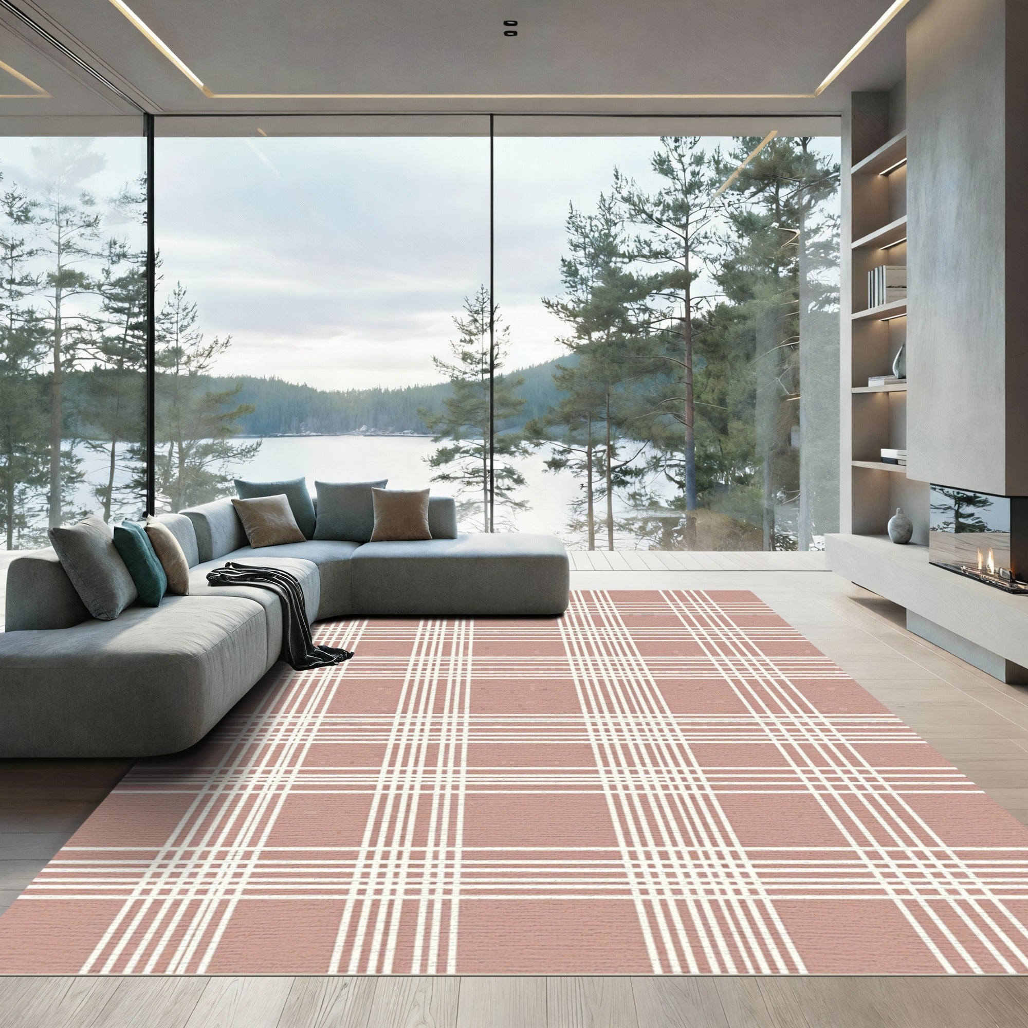 Soft Pink White Plaid Grid Rug