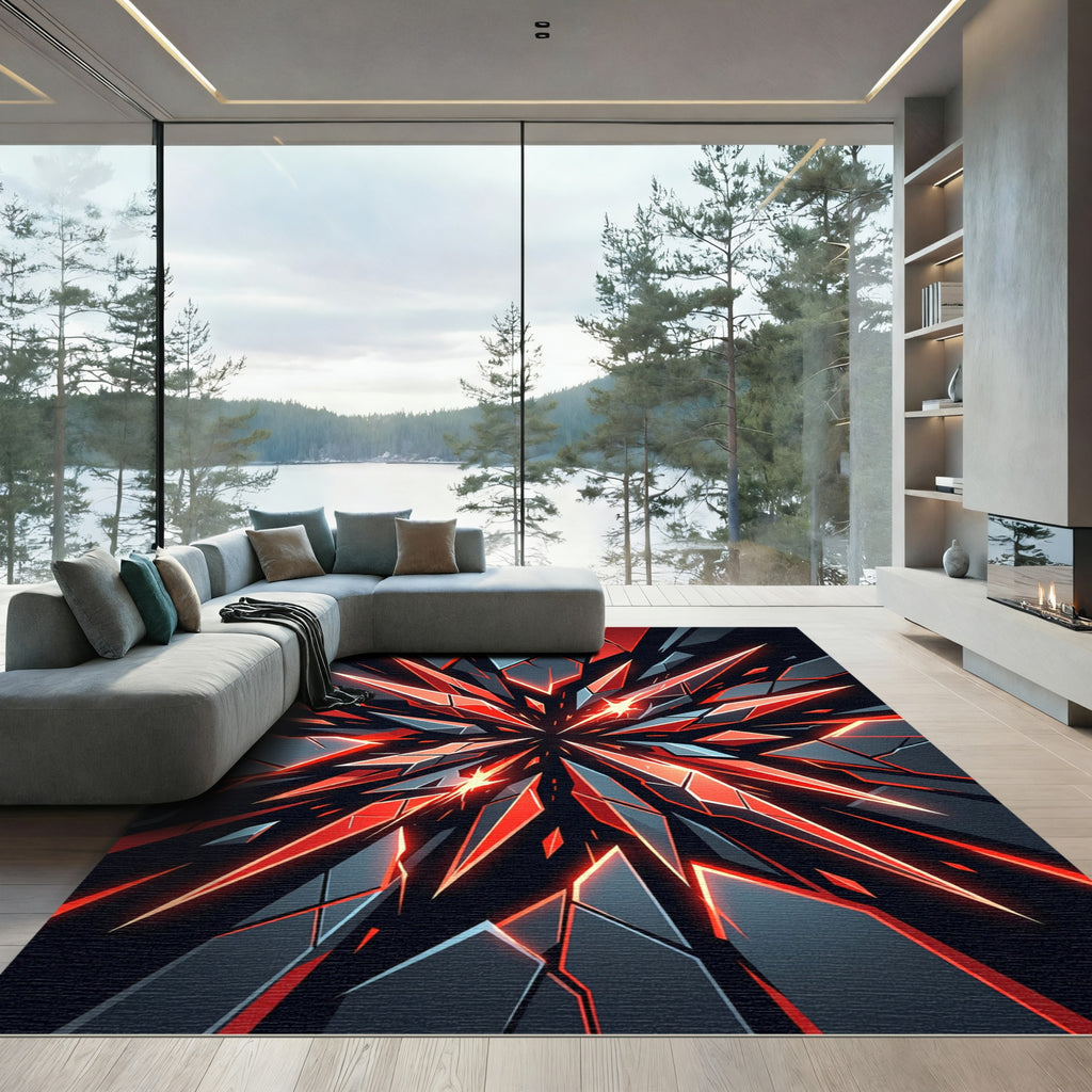 Electric Red Shattered Glass Abstract Rug