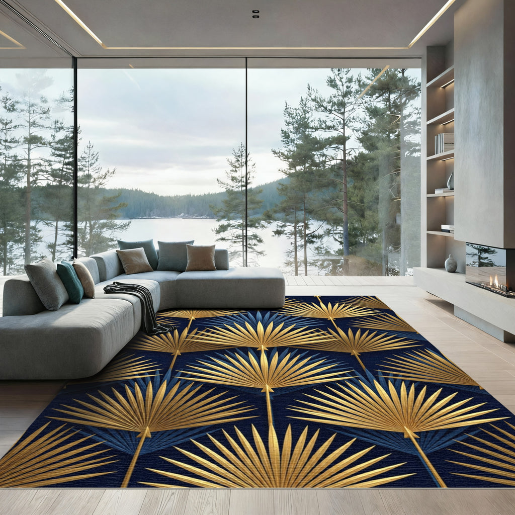 Art Deco Gold Palm Leaf Navy Rug