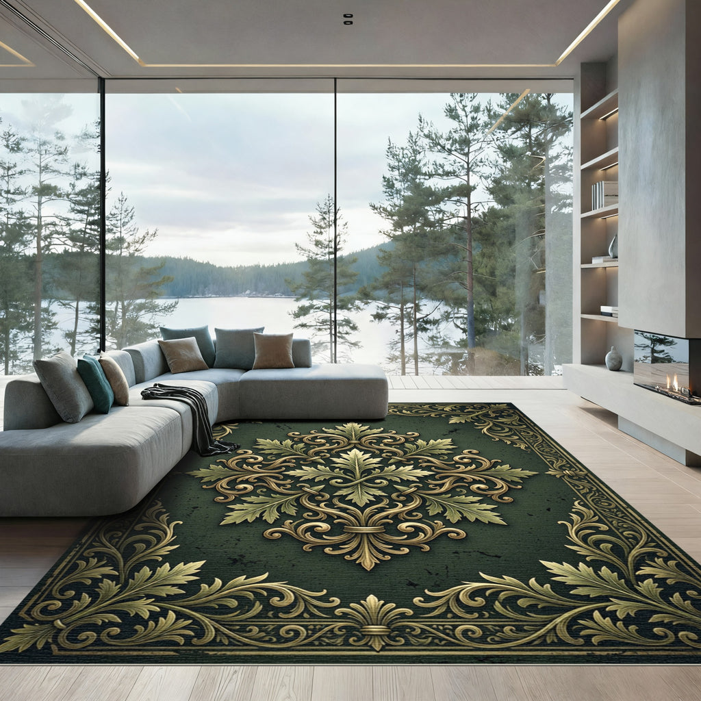 Ornate Golden Acanthus Dark Emerald Foliage Rug