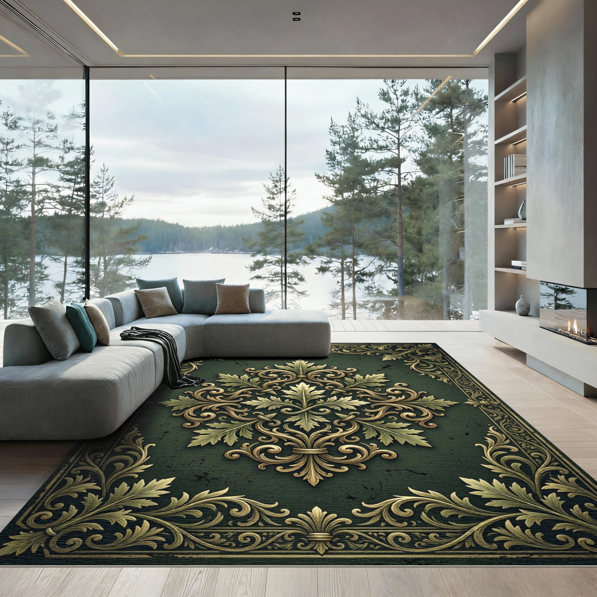 Ornate Golden Acanthus Dark Emerald Foliage Rug