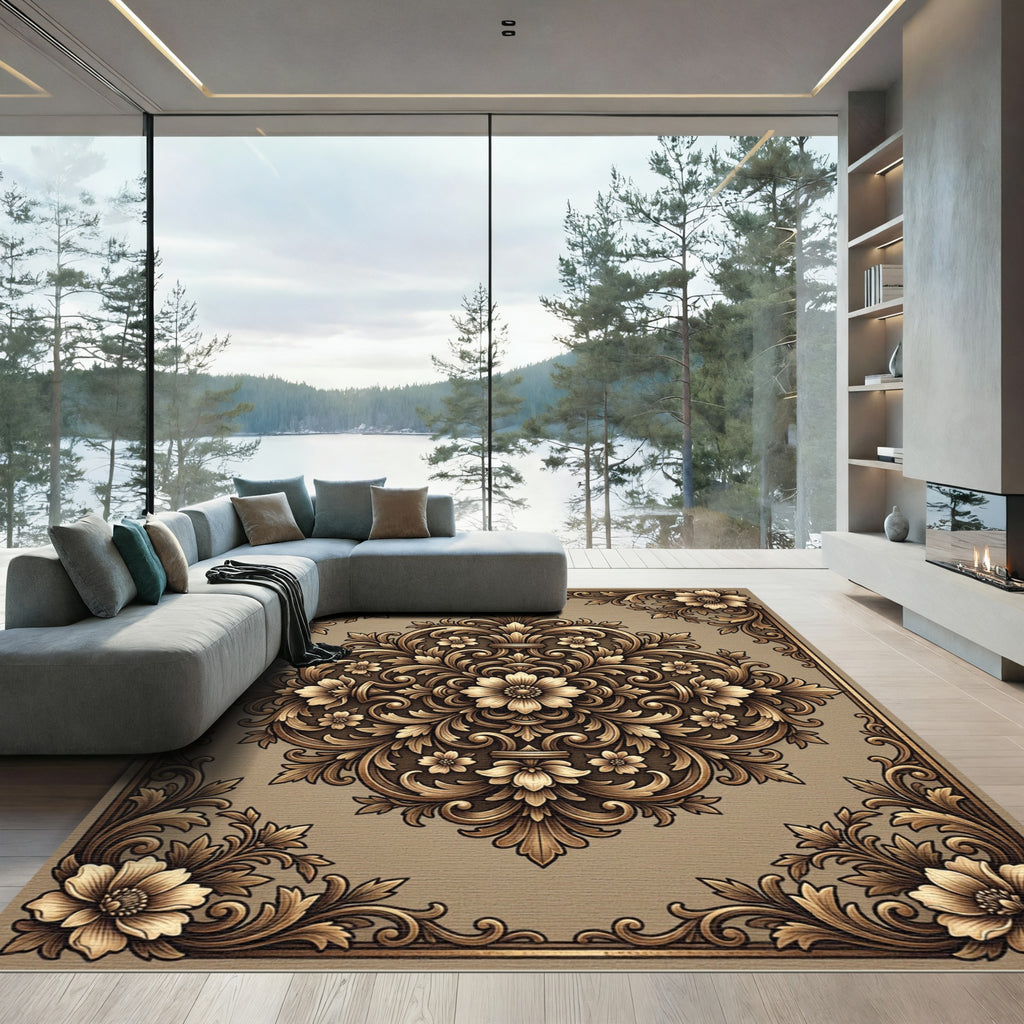 Ornate Gold Floral Scroll Pattern Rug