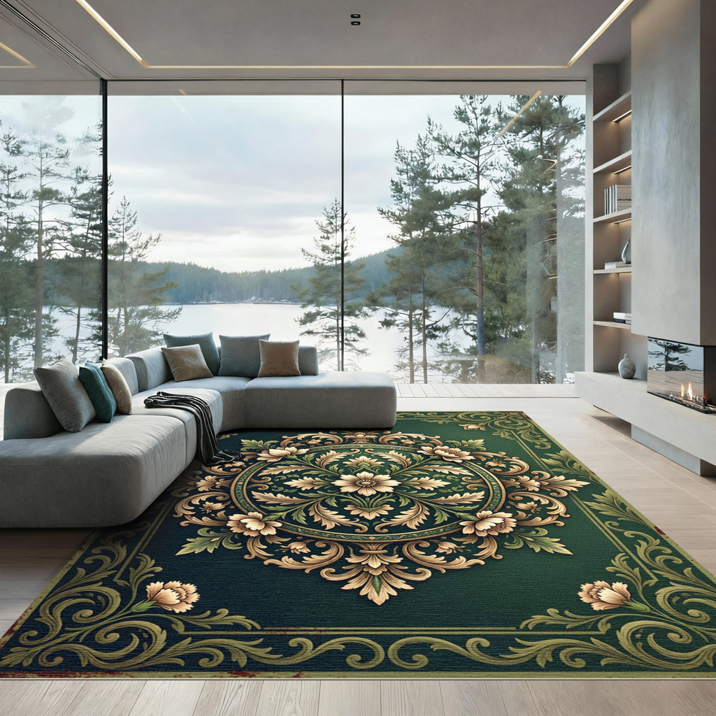 Ornate Emerald Floral Medallion Rug