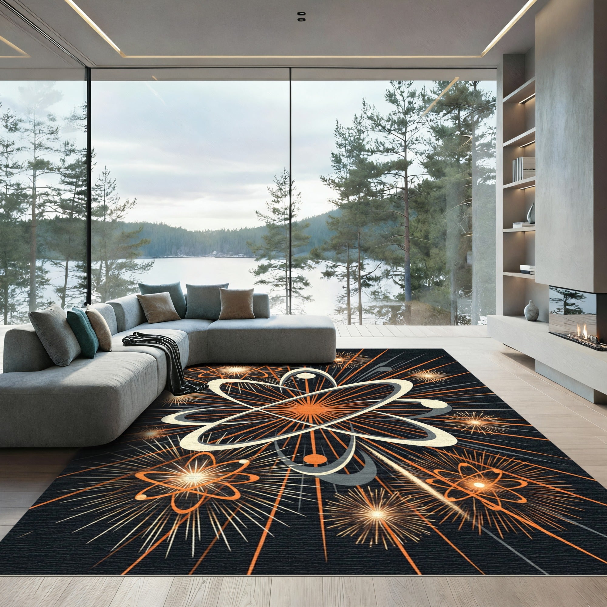 Atomic Orange Orbit Starburst Area Rug
