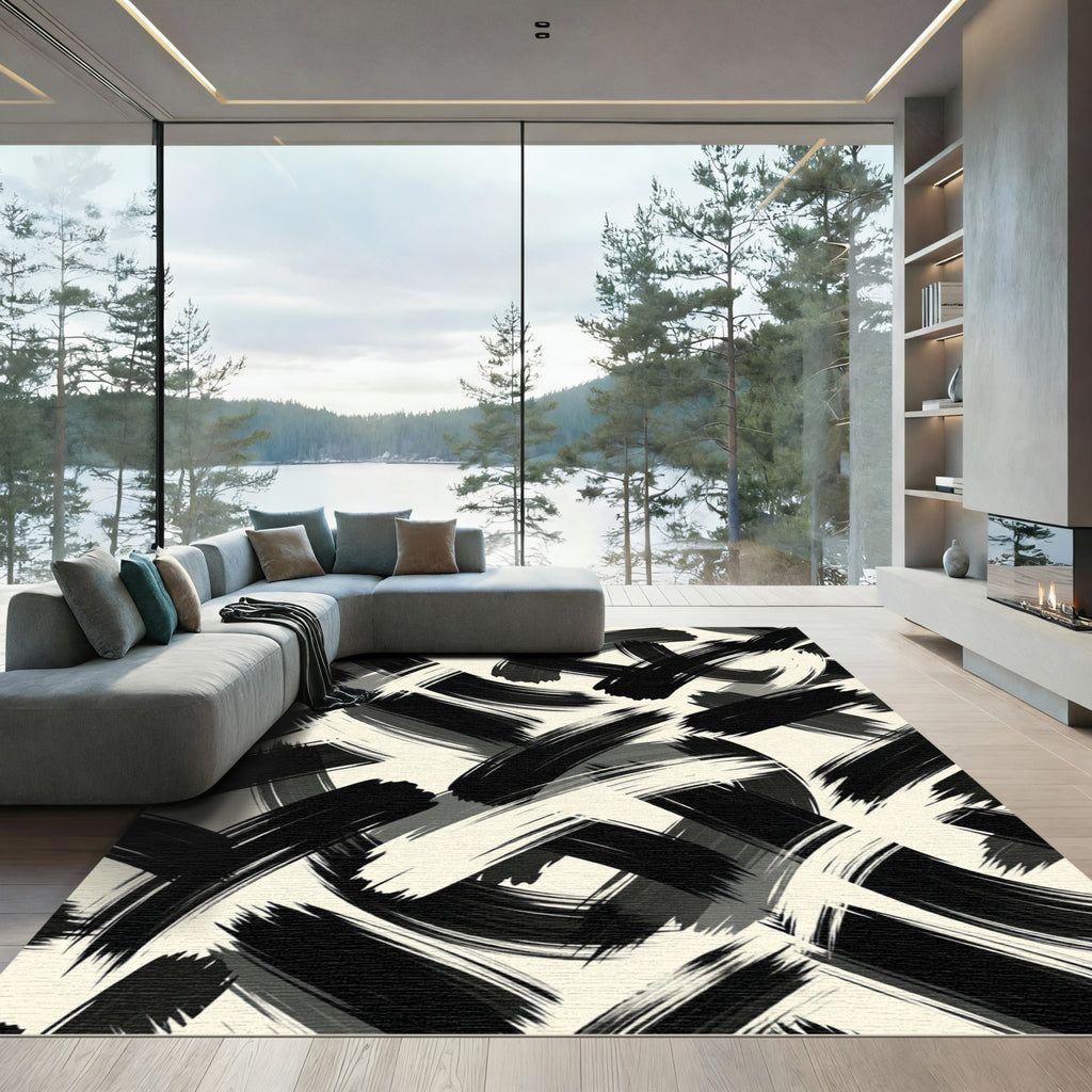 Bold Black and White Abstract Brushstroke Rug