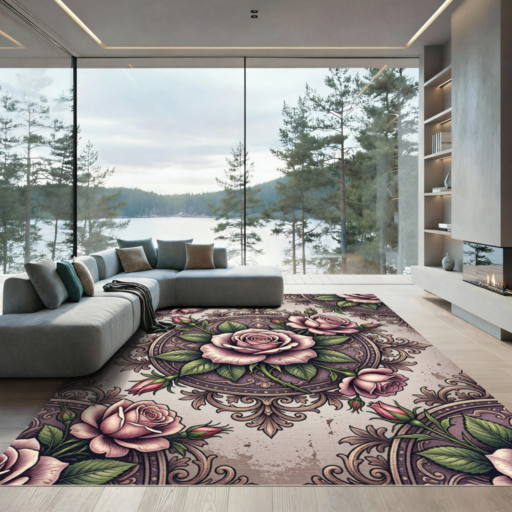 Vintage Dusty Rose Floral Filigree Medallion Rug