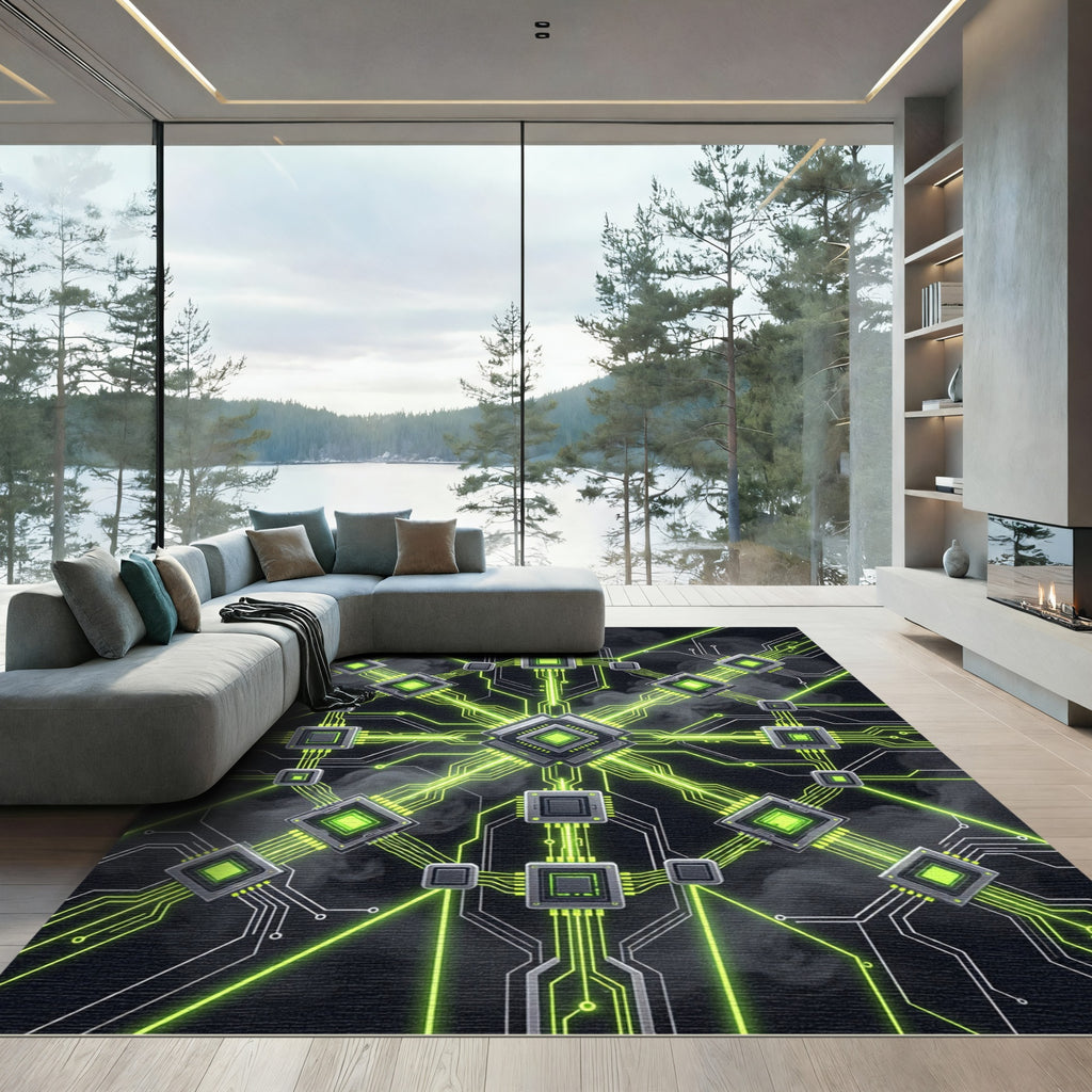Neon Green Cybernetic Circuit Grid Rug