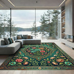 Emerald Green Floral Medallion Garden Rug