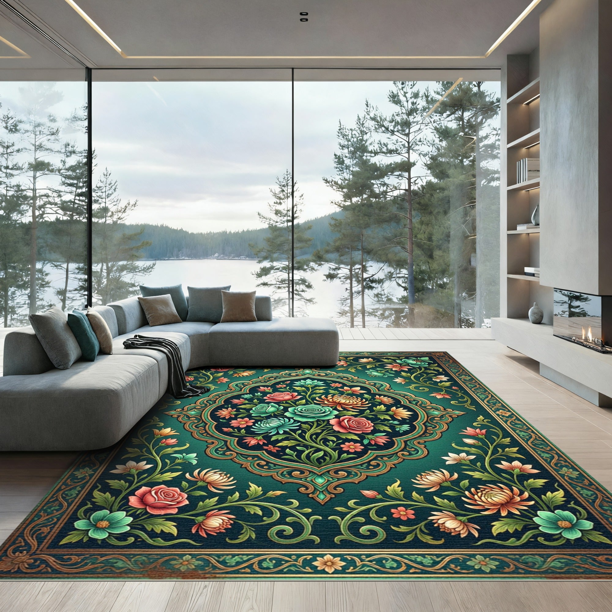 Emerald Green Floral Medallion Garden Rug