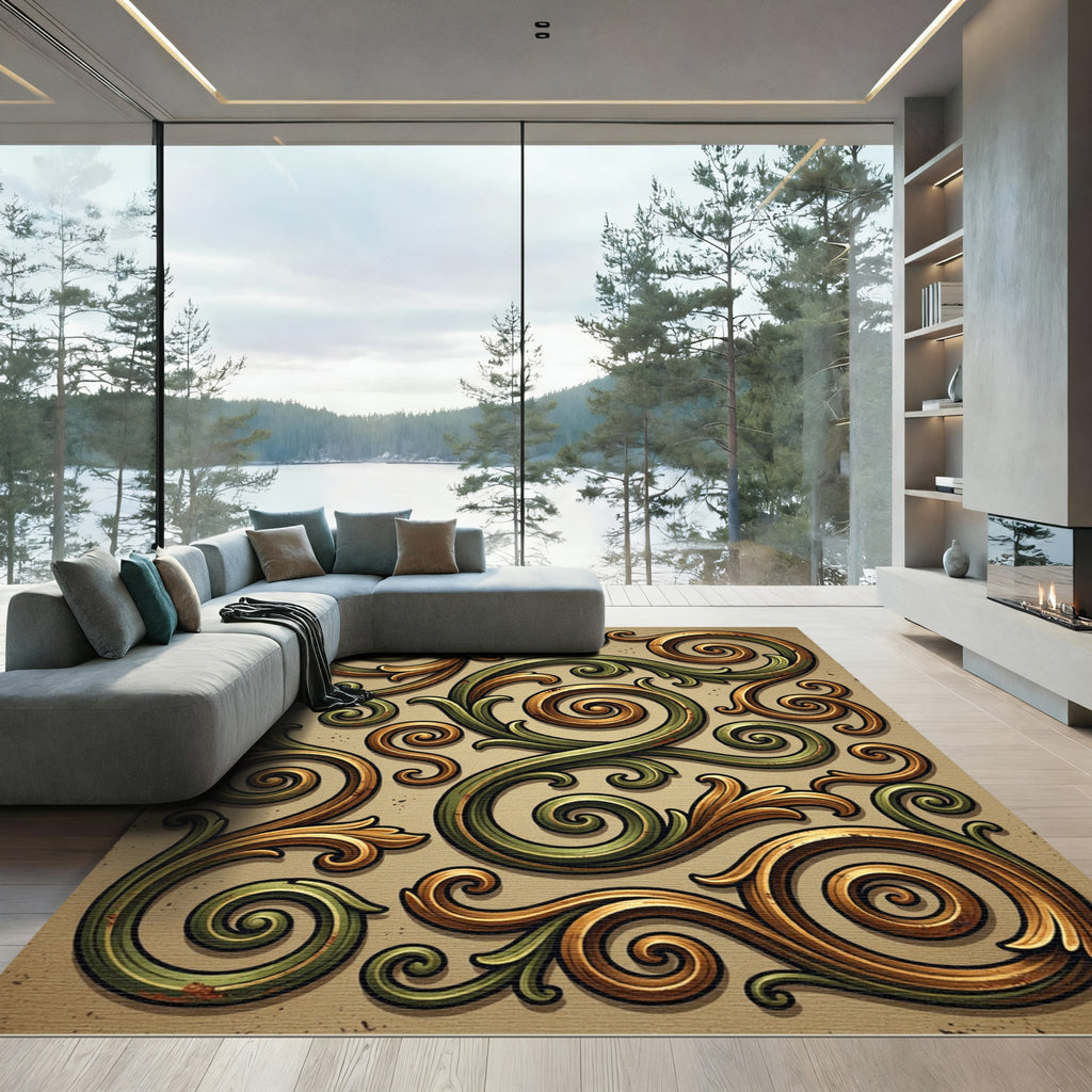 Ornate Green Gold Swirl Scroll Rug