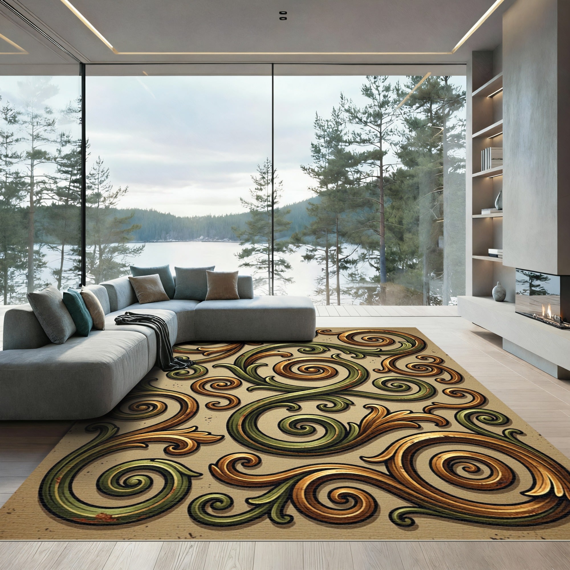 Ornate Green Gold Swirl Scroll Rug