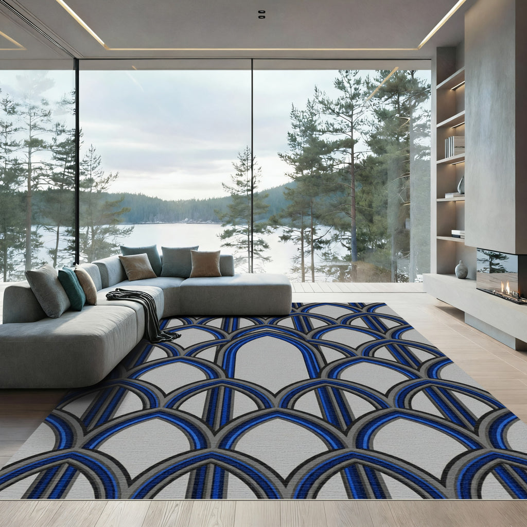 Modern Gothic Arch Royal Blue Gray Geometric Rug