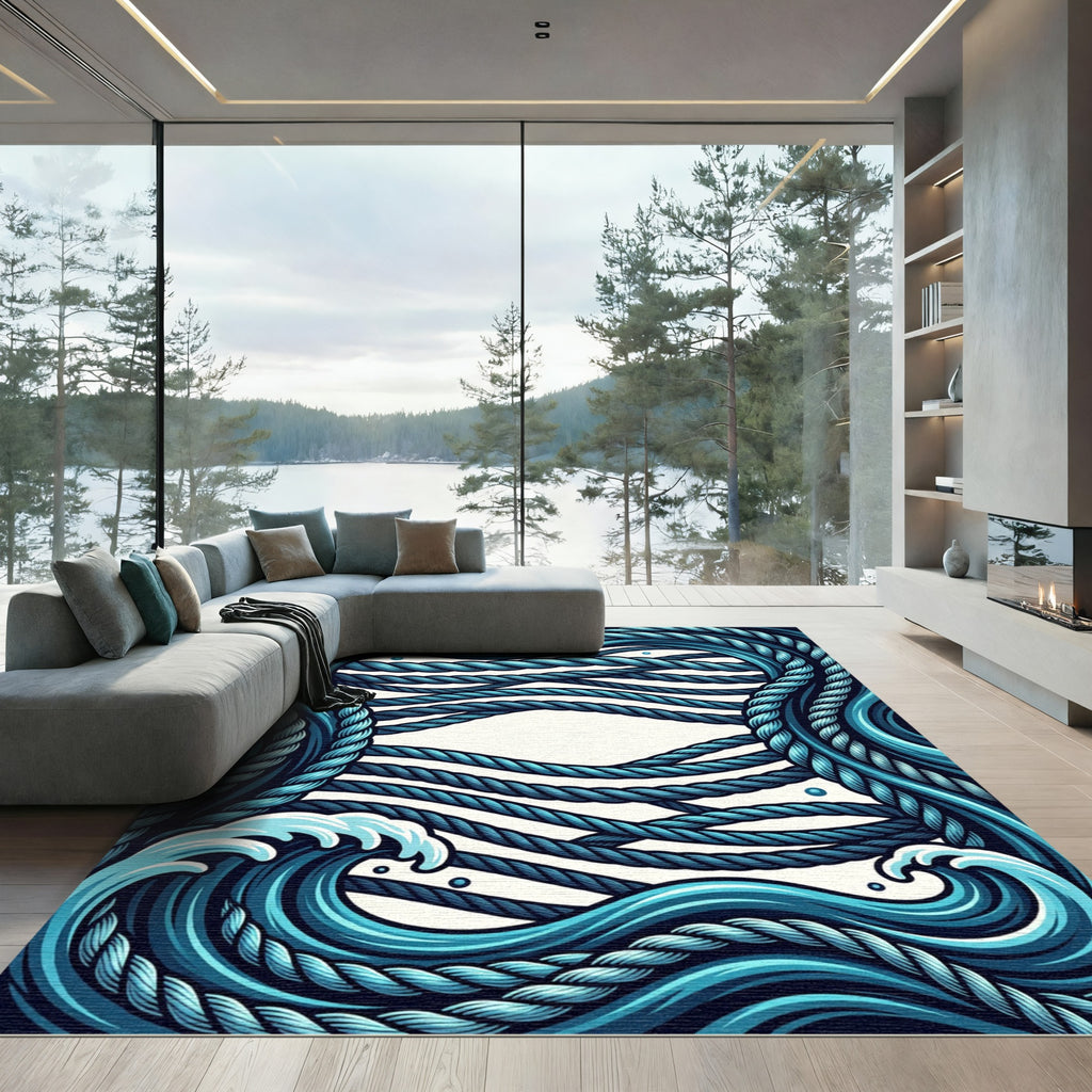 Blue Rope Ocean Wave Abstract Rug