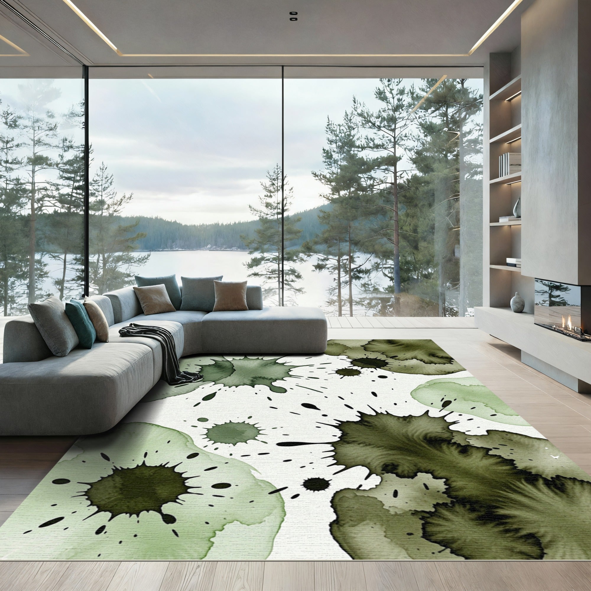 Earthy Ink Wash Abstract Olive Splatter Rug