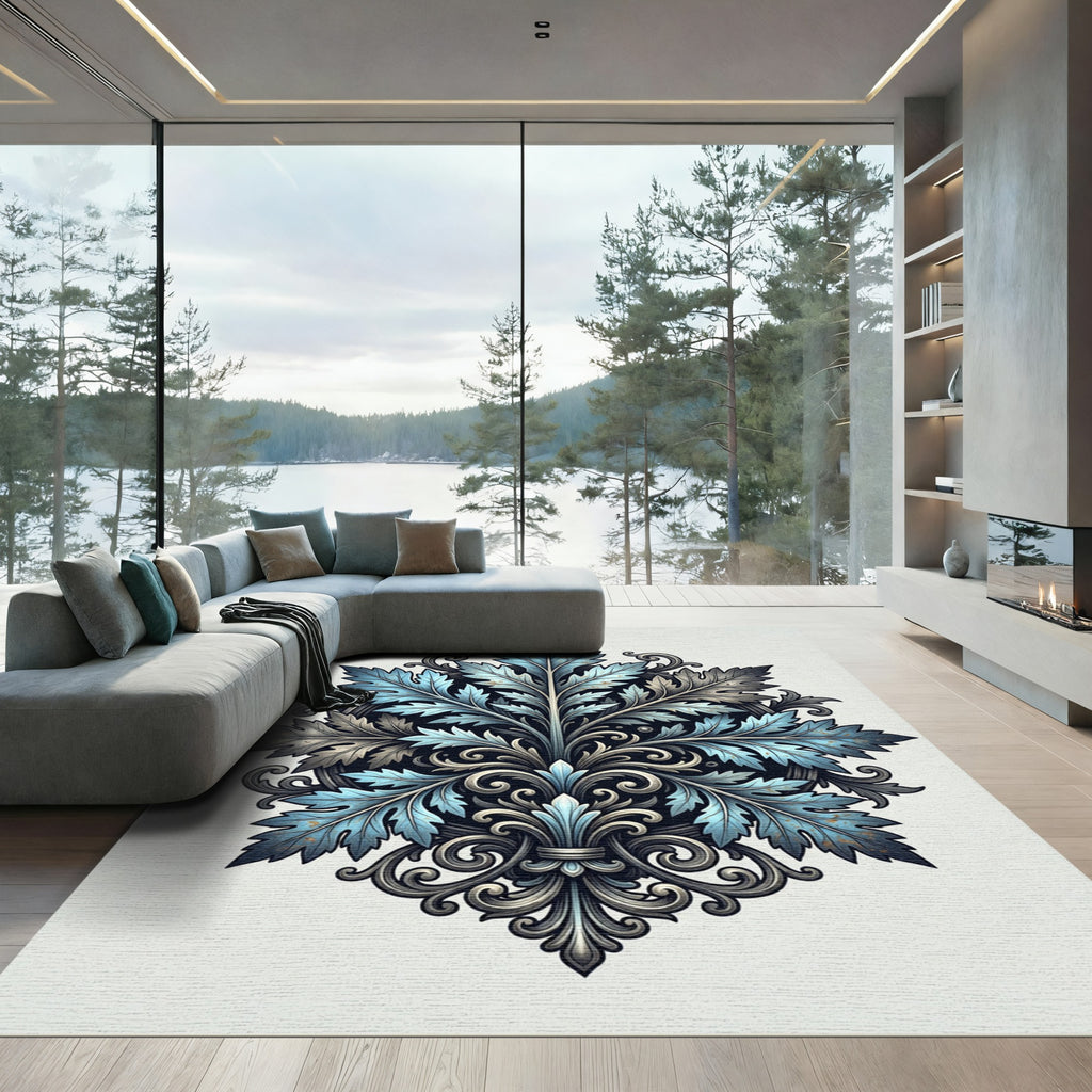 Elegant Blue Foliage Damask Illustration Rug